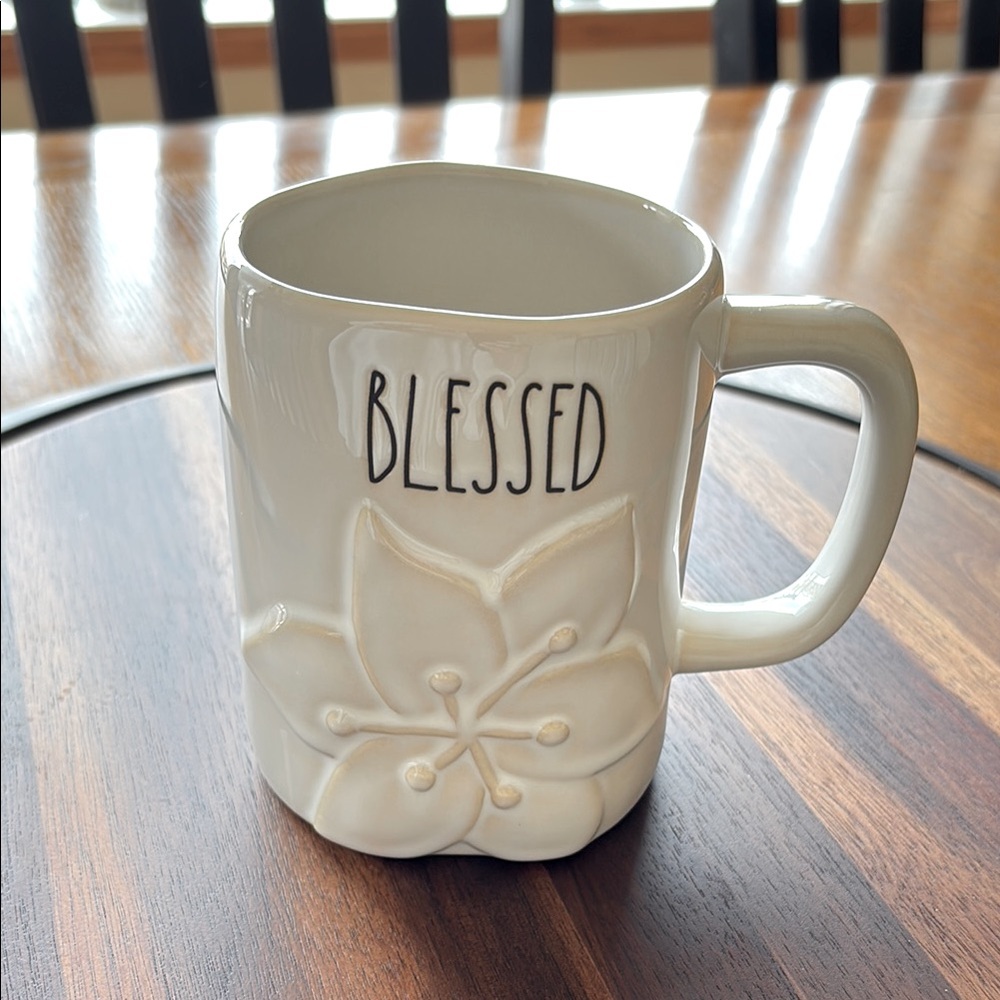 Rae Dunn Cream 'Blessed' Mug with Floral Embossing
